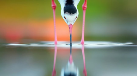 A striking image of a bird delicately drinking from calm water, showcasing its reflection and vivid colors in a peaceful natural setting. Perfect for nature lovers.の素材