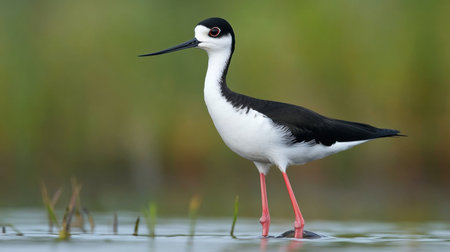 A stunning black-necked stilt stands gracefully in a wetland environment, showcasing its striking black and white plumage. Observing wildlife in nature.の素材