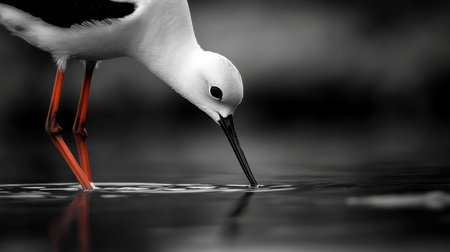 A stunning black and white close-up of an elegant bird feeding in tranquil waters, capturing a serene moment in nature with delicate reflections and graceful details.の素材