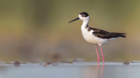 A stunning bird stands elegantly by the water's edge, showcasing vibrant pink legs and striking black and white feathers. A serene natural scene.の素材