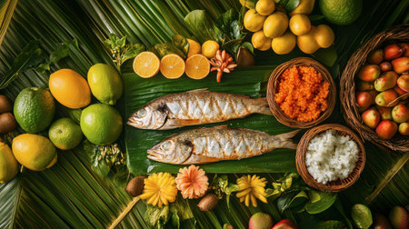 A stunning display of fresh fish paired with vibrant tropical fruits on lush green leaves. Perfect for culinary or healthy lifestyle themes.の素材