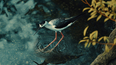 A graceful bird wades in calm water, creating gentle ripples. The tranquil scene captures the essence of wildlife in a natural habitat, showcasing beauty and serenity.の素材
