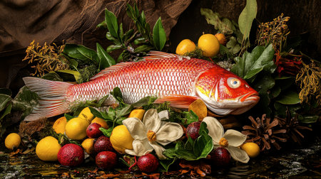 A vibrant composition featuring a colorful fish nestled among fresh fruits and lush greenery, showcasing the beauty of nature and fine artistry.の素材