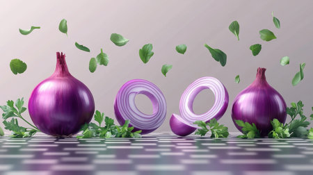 Vibrant purple onions with fresh herbs showcase culinary beauty. Perfect for cooking, health, and food styling, this stunning image captures freshness.の素材