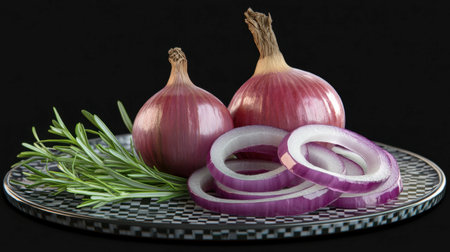 A vibrant display of fresh red onions and green herb sprigs on a stylish plate, ideal for culinary projects emphasizing healthy ingredients and organic aesthetics.の素材
