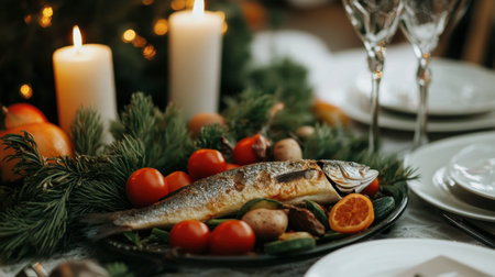A beautifully arranged festive table featuring grilled fish with fresh vegetables, surrounded by warm candles and vibrant fruits, perfect for celebrations.の素材
