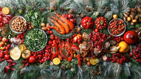 A vibrant display of fresh seasonal produce featuring fruits, vegetables, nuts, and seafood, perfect for festive dining and culinary inspiration.の素材