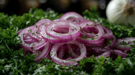 Fresh sliced red onions are arranged beautifully with parsley, creating a colorful and appealing culinary display perfect for any healthy recipe or food photography.の素材