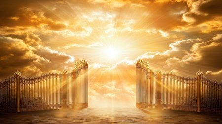 This stunning image showcases majestic gates opening to a radiant sky, surrounded by dramatic clouds and warm sunlight, evoking feelings of hope and wonder.の素材