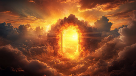 This breathtaking image features an ethereal gateway framed by vibrant clouds at sunset, radiating warm light and creating a serene, dreamlike atmosphere.の素材