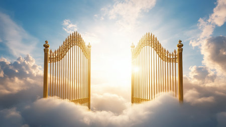 A stunning view of golden gates opening amidst fluffy clouds, bathed in soft sunlight. This image evokes feelings of serenity, spirituality, and wonder.の素材