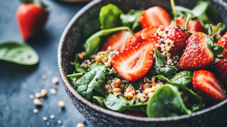 A vibrant fresh strawberry spinach salad featuring quinoa and nuts. Perfect for a healthy meal option packed with nutrients and flavors. Enjoy a colorful dish!の素材