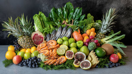 A vibrant arrangement of fresh fruits and seafood showcasing a variety of colors and textures, perfect for healthy culinary inspirations and food photography.の素材