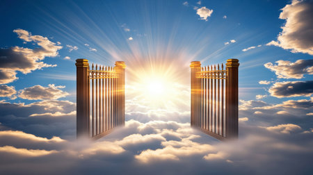 A stunning visual of golden gates floating amidst clouds, illuminated by divine light. This ethereal scene evokes feelings of serenity and hope, symbolizing a journey to the heavens.の素材