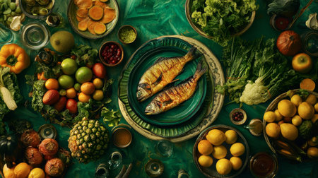 A vibrant arrangement of fresh fish, assorted vegetables, and fruits on a green table, showcasing healthy ingredients for a nutritious meal or recipe.の素材