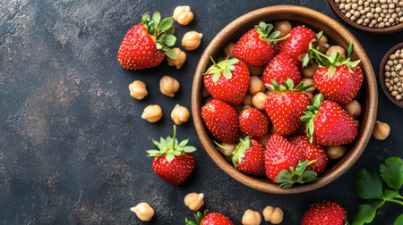 A wooden bowl filled with fresh strawberries alongside chickpeas showcases vibrant colors and healthy ingredients, perfect for culinary designs or recipes.の素材
