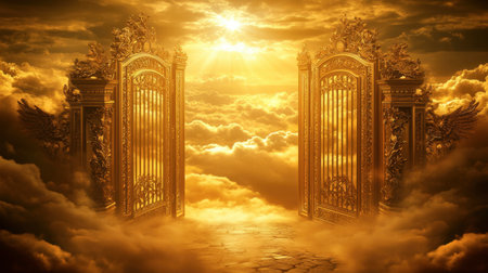 A breathtaking view of majestic golden gates emerging from soft clouds, illuminated by a radiant sunrise, symbolizing hope and serenity.の素材
