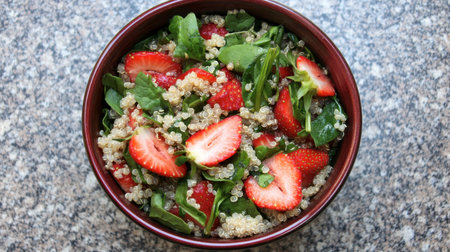 A vibrant salad featuring quinoa, fresh spinach, and ripe strawberries in a rustic bowl. Perfect for a healthy meal or refreshing snack, bursting with nutrients.の素材