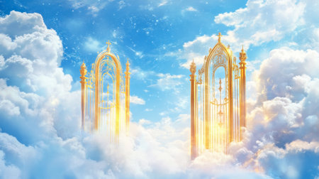 A pair of ethereal gates shimmer in a dreamy, cloudy sky. The radiant light creates a sense of serenity and wonder, perfect for spiritual or fantasy themes.の素材