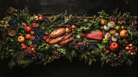 A stunning array of fresh seafood and fruits arranged elegantly, showcasing vibrant colors and textures, perfect for culinary presentations or festive feasts.の素材