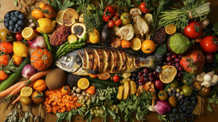 Vibrant display of fresh fruits and vegetables surrounding a grilled fish on a wooden table, showcasing healthy eating and culinary creativity in a seasonal arrangement.の素材