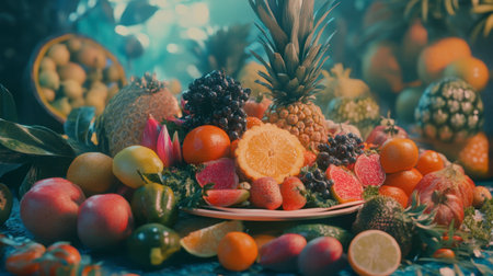 A vibrant arrangement of fresh and colorful fruits, showcasing a variety of textures and colors against a soft-focus background, ideal for health and culinary themes.の素材