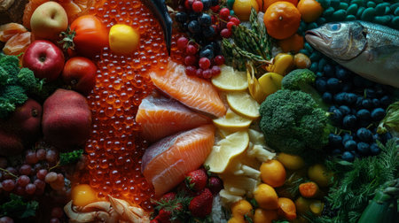 A vibrant display of fresh fruits, vegetables, and seafood arranged artistically. Ideal for showcasing healthy eating, culinary arts, and food preparation.の素材