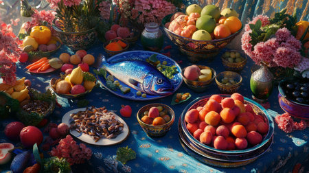 A vibrant table setting featuring a variety of fresh fruits and a beautifully presented fish. The colorful arrangement creates a feast for the eyes, perfect for festive occasions or culinary themes.の素材