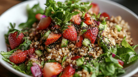 A vibrant bowl of fresh salad featuring strawberries, leafy greens, and seeds. Perfect for a healthy meal or a refreshing snack, this dish showcases colorful ingredients bursting with flavor.の素材