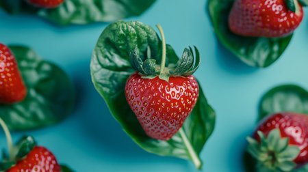 A stunning close-up of ripe strawberries resting on lush green leaves, showcasing vibrant colors and fresh textures perfect for healthy food imagery.の素材