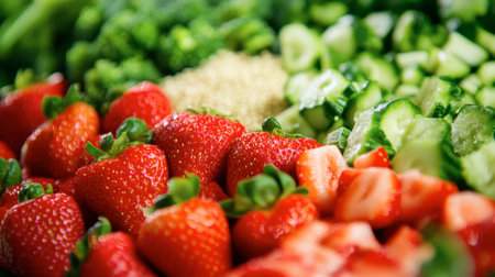 A vibrant arrangement of fresh strawberries and green vegetables creates a healthy culinary display, perfect for promoting nutritious eating habits and cooking inspiration.の素材