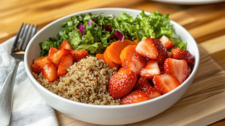 A vibrant quinoa salad featuring fresh strawberries, crisp greens, and carrots. This healthy bowl is perfect for a nutritious meal or as a side dish.の素材