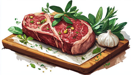 A vibrant image of raw steak resting on a cutting board, surrounded by fresh garlic and herbs, perfect for culinary presentations or recipe use.の素材
