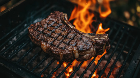 A delicious steak sizzling over an open flame on a barbecue grill. Perfect for summer gatherings, this mouthwatering meat showcases a smoky flavor and a juicy texture.の素材