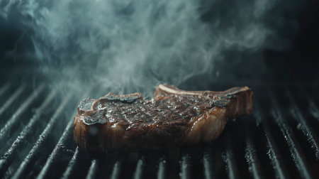 A juicy steak sizzles on a hot grill, releasing flavorful smoke. The charred surface and rich aroma create an enticing image perfect for food lovers.の素材