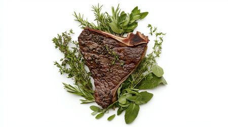 Discover a beautifully served steak nestled among fresh herbs, showcasing a blend of flavors perfect for culinary creations or dining experiences.の素材
