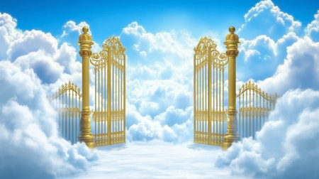 A stunning image of golden gates surrounded by fluffy white clouds, evoking a sense of serenity and mystical beauty, perfect for spiritual or inspirational themes.の素材
