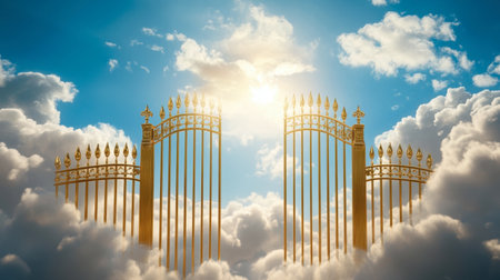 A stunning view of golden gates opening into a bright sky, surrounded by fluffy clouds, symbolizing peace, hope, and the promise of a new journey.の素材