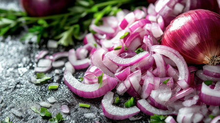 Vibrant and fresh sliced red onions displayed on a dark surface. Perfect for cooking, garnishing, or enhancing the flavor of various dishes.の素材