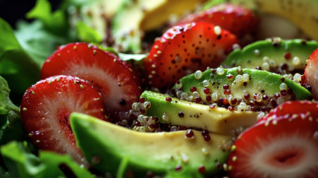 A vibrant salad featuring fresh strawberries and creamy avocado. This healthy dish is perfect for a refreshing meal or as a side, showcasing colorful ingredients and natural textures.の素材
