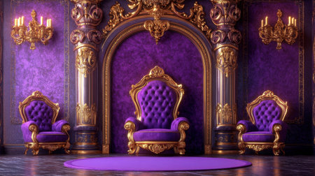 A stunning purple interior featuring luxurious thrones and ornate details. Perfect for showcasing elegance and regal ambiance in design projects.の素材