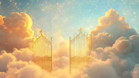 Discover the beauty of ethereal golden gates standing amidst soft clouds under a luminous sky, evoking feelings of peace, hope, and tranquility.の素材