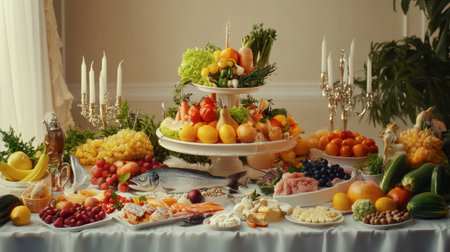 A stunning banquet display featuring a variety of fresh fruits, vegetables, and seafood, elegantly arranged for a celebratory dining experience.の素材