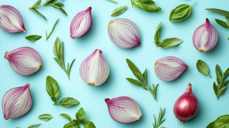 A vibrant flatlay of colorful onions and fresh herbs on a blue background, perfect for culinary designs, food blogs, or recipe presentations.の素材