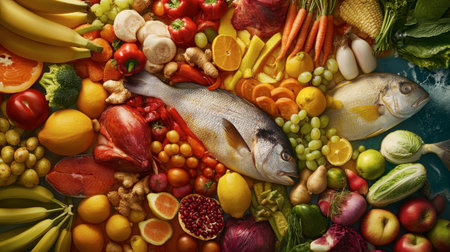 A vibrant display of fresh fruits, vegetables, and fish arranged artistically, showcasing a wide variety of colors and textures, perfect for culinary inspirations.の素材