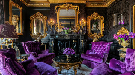 An elegant vintage interior featuring rich purple accents and gold detailing. The luxurious atmosphere is enhanced by ornate mirrors, plush seating, and floral arrangements, creating a sophisticated space.の素材