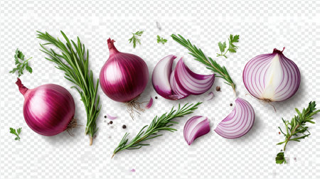 A vibrant arrangement of fresh red onions and aromatic herbs including rosemary and parsley on a transparent background, ideal for culinary designs.の素材