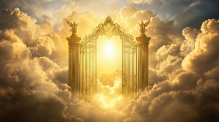A stunning golden gate opens into a bright cloud-filled sky, symbolizing a pathway to heaven. This ethereal scene evokes feelings of hope and tranquility.の素材
