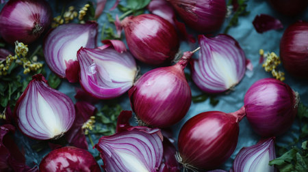 A vibrant composition of fresh red onions, both whole and sliced, showcasing their rich colors and textures, ideal for culinary use or food photography.の素材