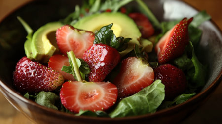 A vibrant bowl of fresh strawberries and creamy avocado on a bed of leafy greens. Perfect for a healthy meal or refreshing snack, this salad showcases seasonal ingredients.の素材